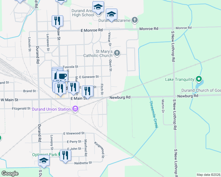 map of restaurants, bars, coffee shops, grocery stores, and more near 109 Obert Street in Durand