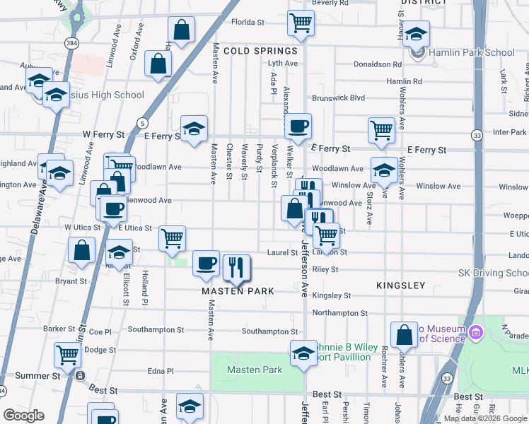 map of restaurants, bars, coffee shops, grocery stores, and more near 63 Purdy Street in Buffalo