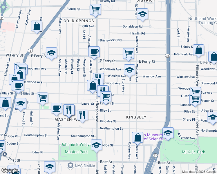 map of restaurants, bars, coffee shops, grocery stores, and more near 28 Hauf Street in Buffalo