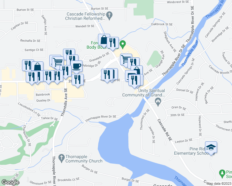 map of restaurants, bars, coffee shops, grocery stores, and more near 6772 Old 28th Street Southeast in Grand Rapids