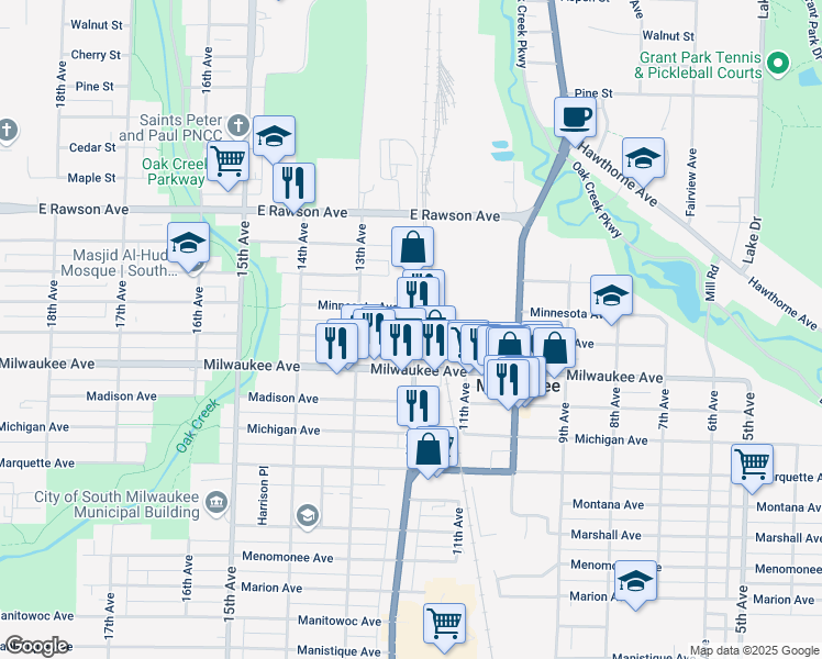 map of restaurants, bars, coffee shops, grocery stores, and more near in South Milwaukee