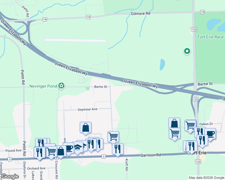 map of restaurants, bars, coffee shops, grocery stores, and more near 1304 Spears Road in Fort Erie