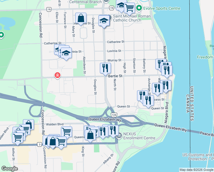 map of restaurants, bars, coffee shops, grocery stores, and more near 126 Central Avenue in Fort Erie