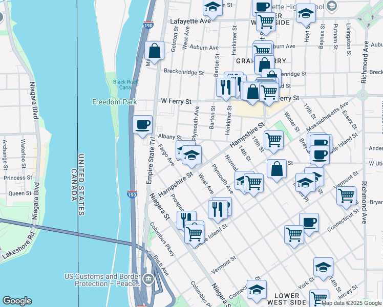 map of restaurants, bars, coffee shops, grocery stores, and more near 109 School Street in Buffalo