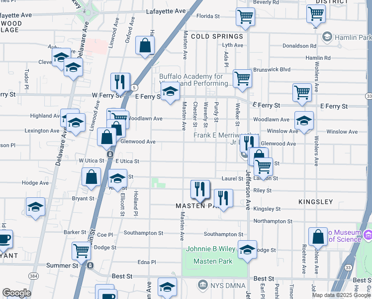 map of restaurants, bars, coffee shops, grocery stores, and more near 353 Masten Avenue in Buffalo