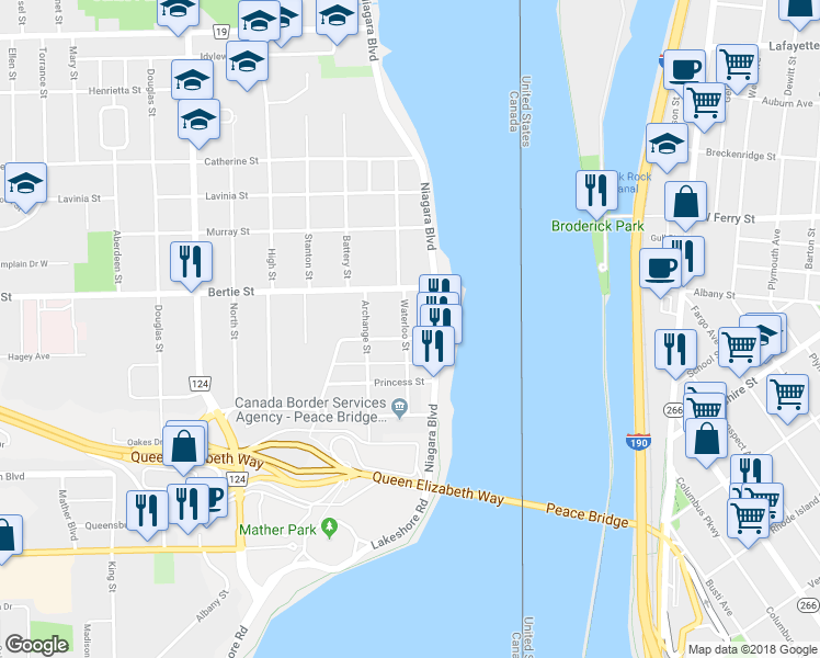 map of restaurants, bars, coffee shops, grocery stores, and more near 125 Waterloo Street in Fort Erie