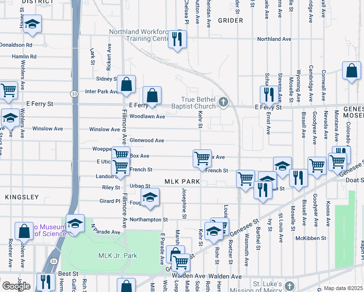 map of restaurants, bars, coffee shops, grocery stores, and more near 839 Glenwood Avenue in Buffalo