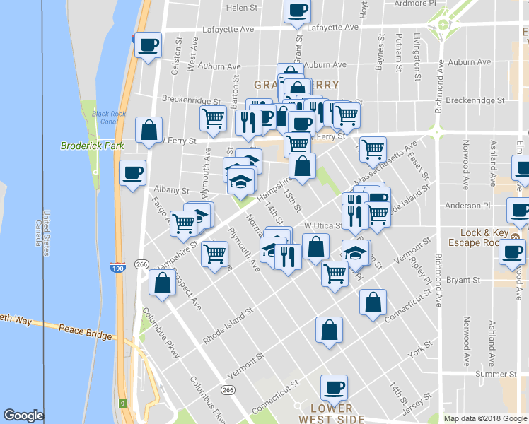 map of restaurants, bars, coffee shops, grocery stores, and more near 456 14th Street in Buffalo