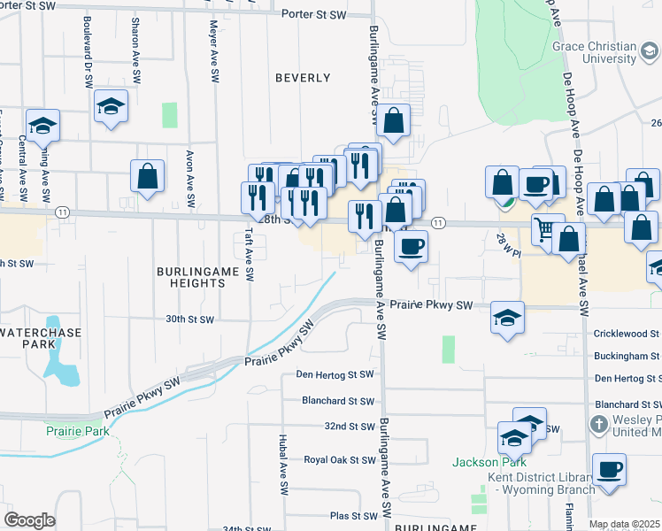 map of restaurants, bars, coffee shops, grocery stores, and more near 2880 Oak Valley Avenue Southwest in Wyoming