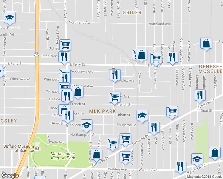 map of restaurants, bars, coffee shops, grocery stores, and more near 244 Kehr Street in Buffalo