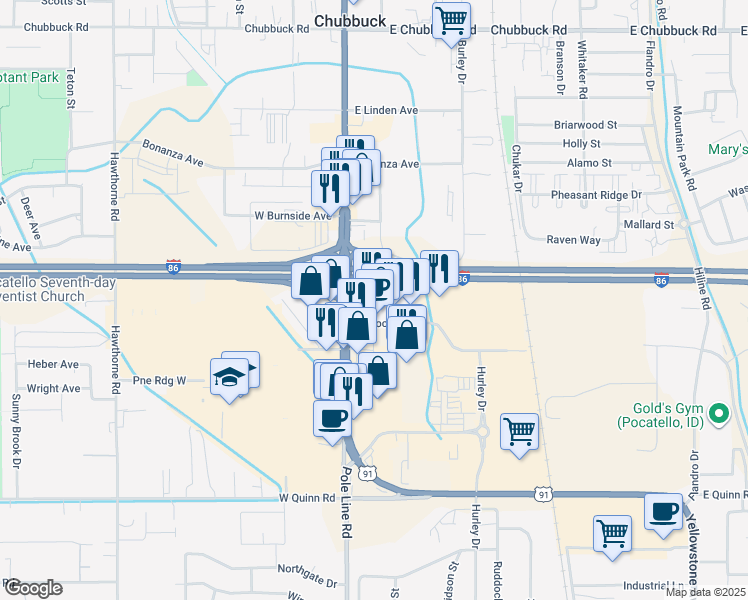 map of restaurants, bars, coffee shops, grocery stores, and more near 150 Bullock Street in Pocatello