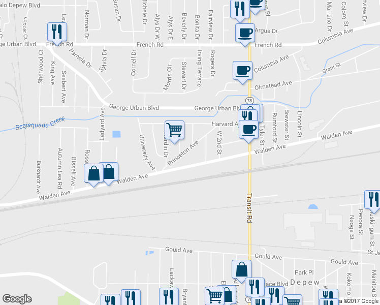 map of restaurants, bars, coffee shops, grocery stores, and more near 83 Princeton Avenue in Depew