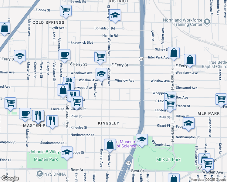 map of restaurants, bars, coffee shops, grocery stores, and more near 481 Glenwood Avenue in Buffalo