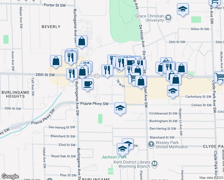 map of restaurants, bars, coffee shops, grocery stores, and more near 1350 28th Street Southwest in Wyoming