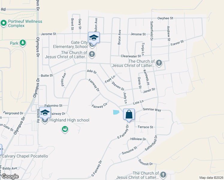 map of restaurants, bars, coffee shops, grocery stores, and more near 2550 Ada Street in Pocatello