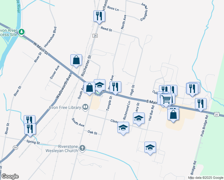map of restaurants, bars, coffee shops, grocery stores, and more near 40 East Main Street in Avon