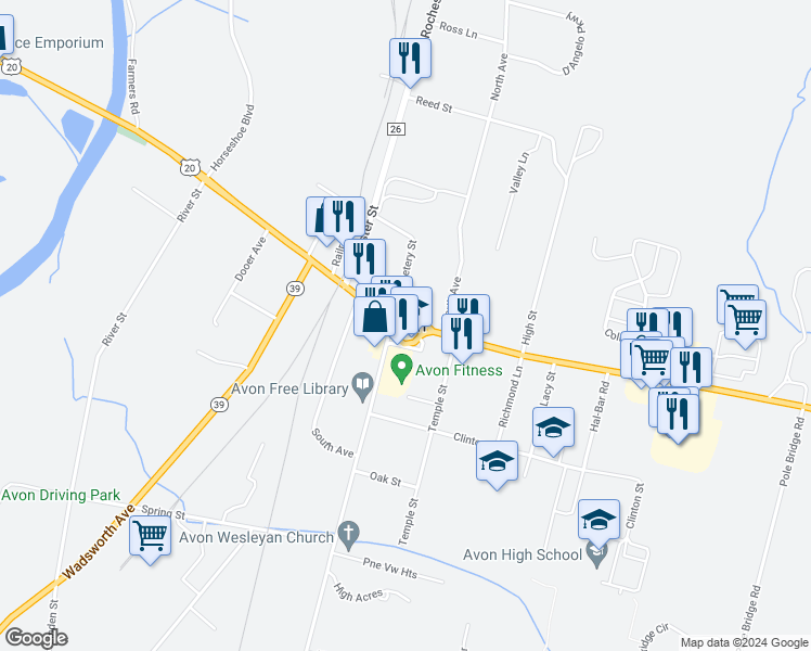 map of restaurants, bars, coffee shops, grocery stores, and more near 216 East Main Street in Avon