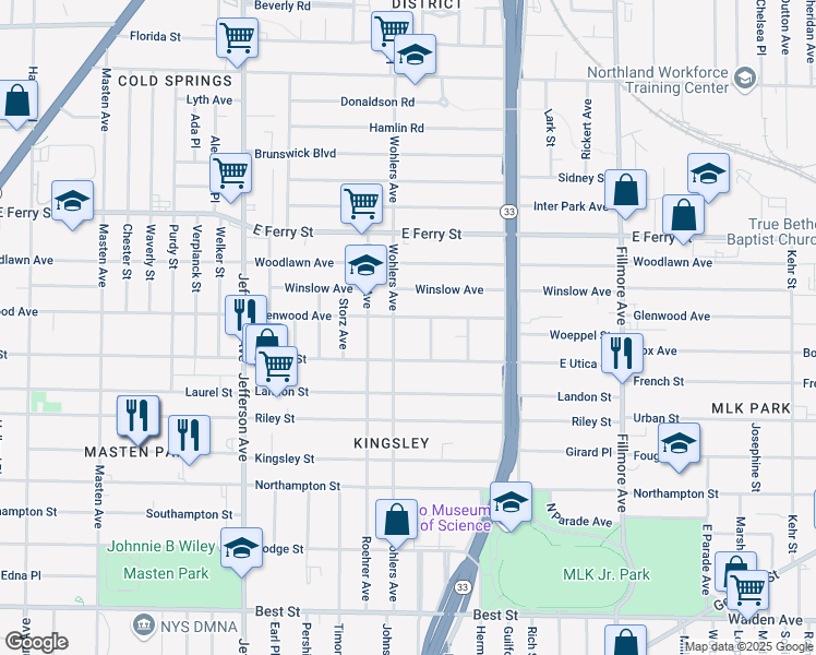 map of restaurants, bars, coffee shops, grocery stores, and more near 481 Glenwood Avenue in Buffalo