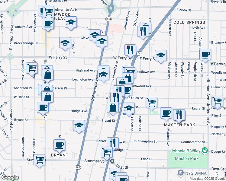 map of restaurants, bars, coffee shops, grocery stores, and more near 355 Linwood Avenue in Buffalo