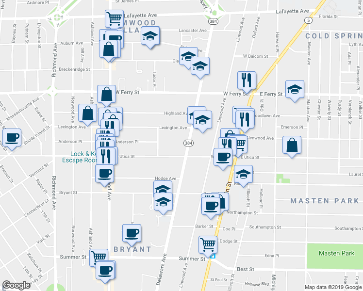 map of restaurants, bars, coffee shops, grocery stores, and more near in Buffalo