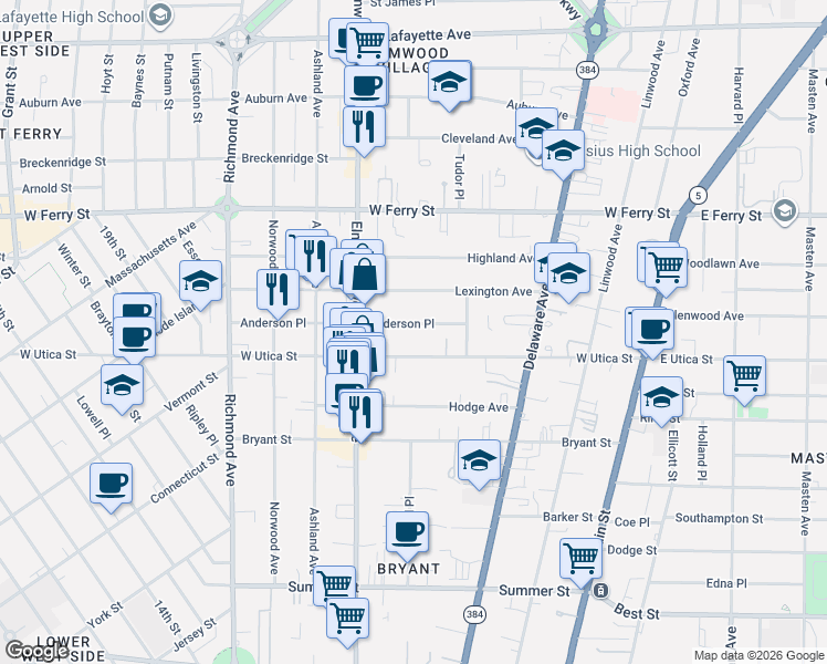 map of restaurants, bars, coffee shops, grocery stores, and more near 199 Anderson Place in Buffalo