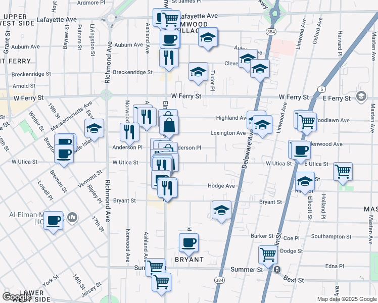 map of restaurants, bars, coffee shops, grocery stores, and more near 199 Anderson Place in Buffalo