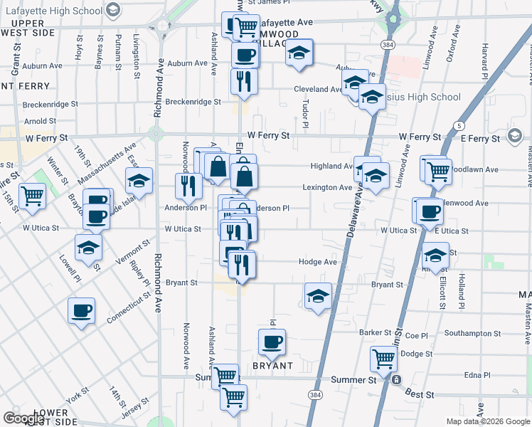 map of restaurants, bars, coffee shops, grocery stores, and more near 159 Anderson Place in Buffalo