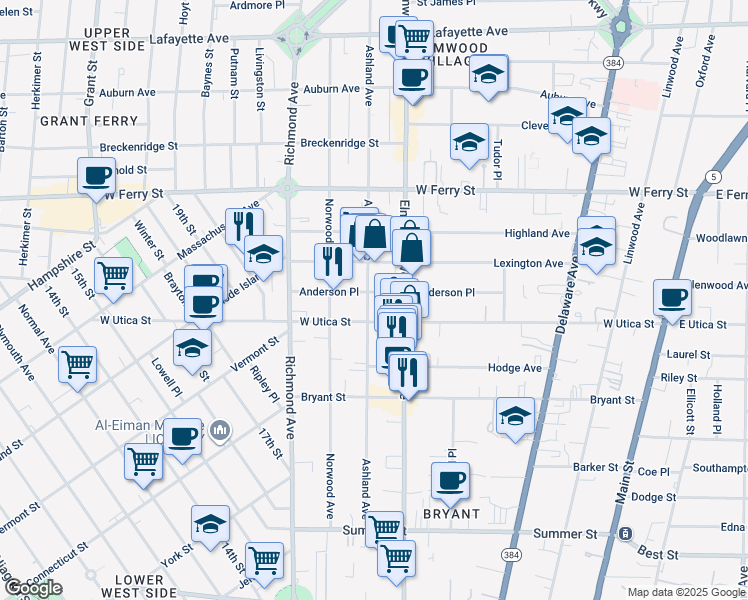 map of restaurants, bars, coffee shops, grocery stores, and more near 262 Ashland Avenue in Buffalo
