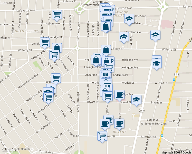 map of restaurants, bars, coffee shops, grocery stores, and more near 262 Ashland Avenue in Buffalo