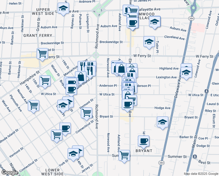 map of restaurants, bars, coffee shops, grocery stores, and more near 262 Norwood Avenue in Buffalo