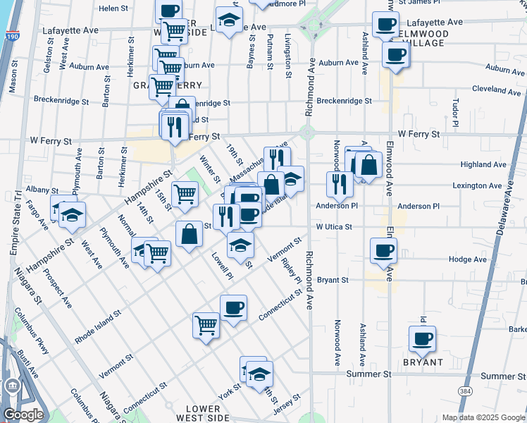map of restaurants, bars, coffee shops, grocery stores, and more near 444 Rhode Island Street in Buffalo