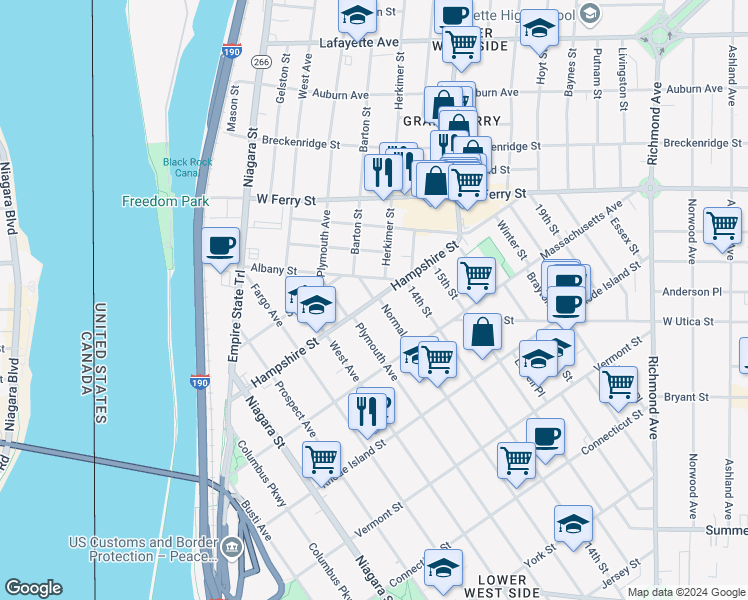 map of restaurants, bars, coffee shops, grocery stores, and more near in Buffalo