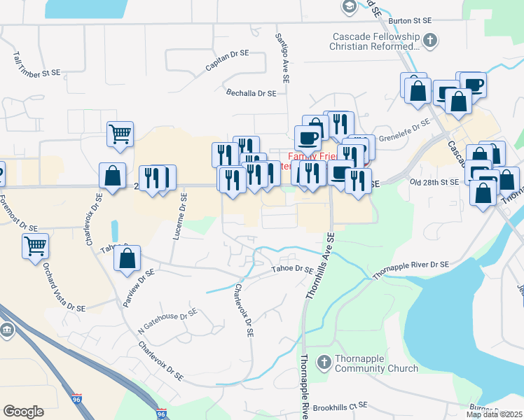 map of restaurants, bars, coffee shops, grocery stores, and more near 6303 Bainbrook in Grand Rapids
