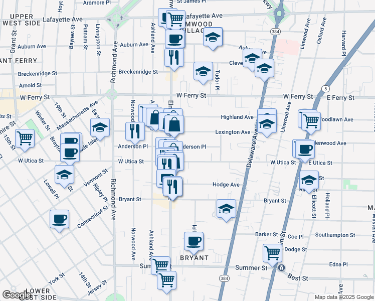 map of restaurants, bars, coffee shops, grocery stores, and more near 167 Anderson Place in Buffalo