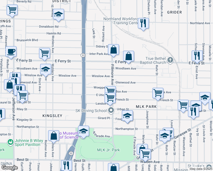 map of restaurants, bars, coffee shops, grocery stores, and more near 82 Woeppel Street in Buffalo