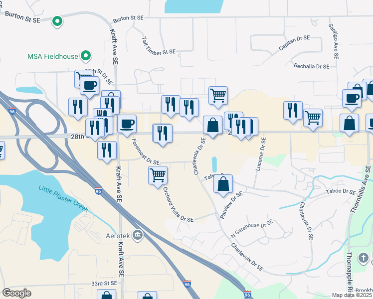 map of restaurants, bars, coffee shops, grocery stores, and more near 2851 Charlevoix Drive Southeast in Grand Rapids
