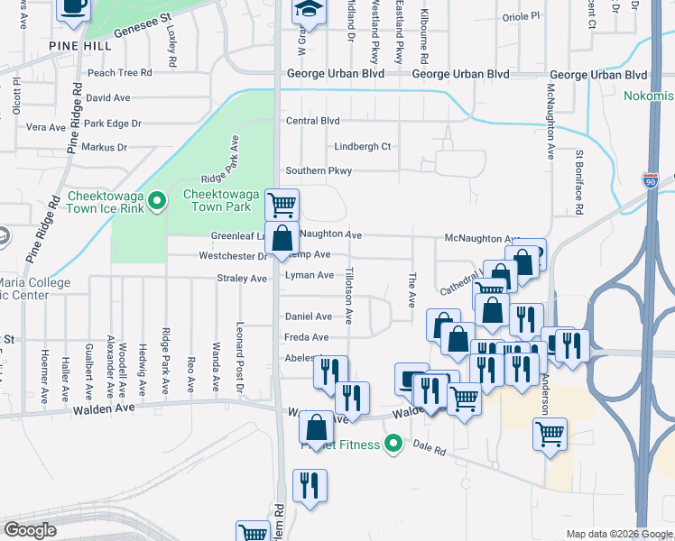 map of restaurants, bars, coffee shops, grocery stores, and more near 60 Lyman Avenue in Buffalo