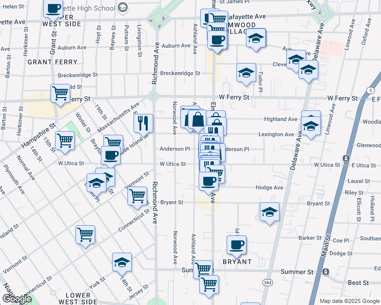 map of restaurants, bars, coffee shops, grocery stores, and more near 262 Ashland Avenue in Buffalo