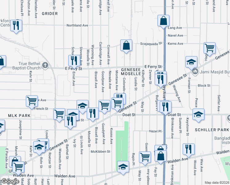 map of restaurants, bars, coffee shops, grocery stores, and more near 72 Montana Avenue in Buffalo