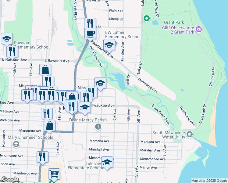 map of restaurants, bars, coffee shops, grocery stores, and more near 703 Minnesota Avenue in South Milwaukee