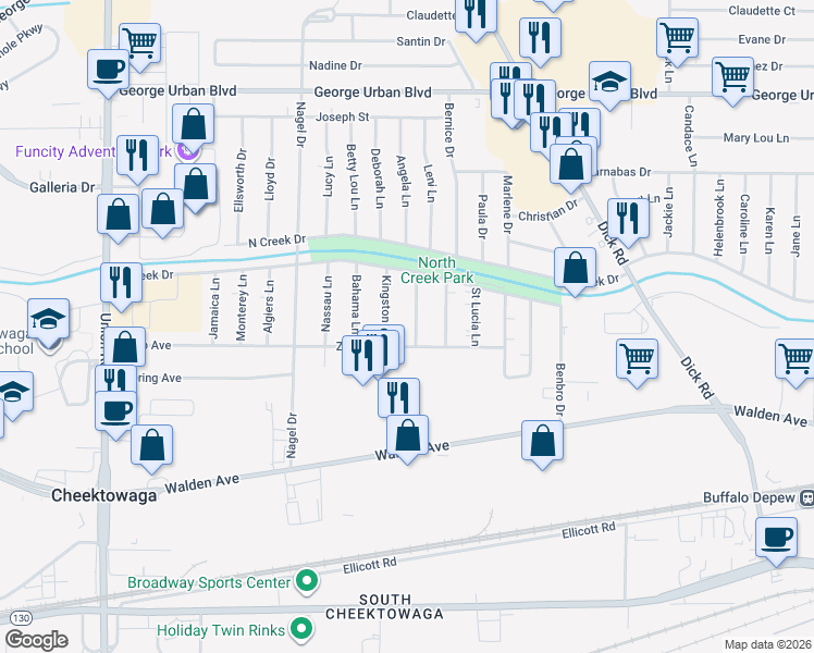 map of restaurants, bars, coffee shops, grocery stores, and more near 12 Honduras Lane in Buffalo
