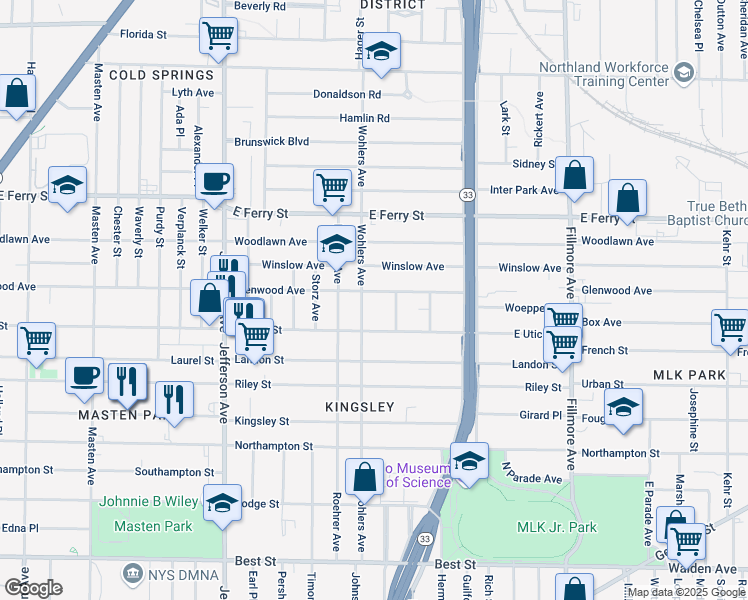 map of restaurants, bars, coffee shops, grocery stores, and more near 481 Glenwood Avenue in Buffalo