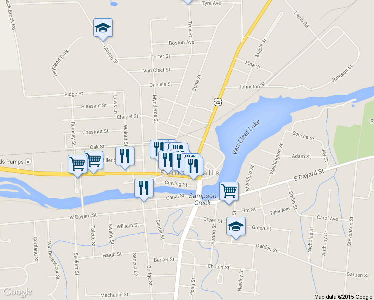 map of restaurants, bars, coffee shops, grocery stores, and more near 23 Cayuga Street in Seneca Falls