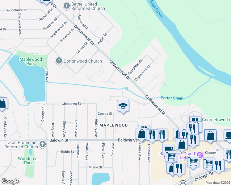 map of restaurants, bars, coffee shops, grocery stores, and more near 1043 Village Lane in Georgetown Township