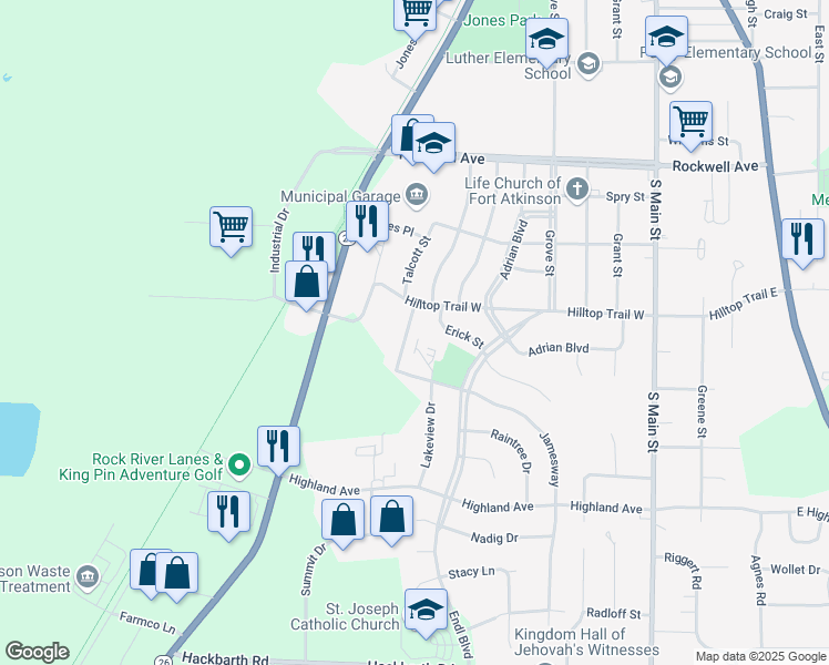 map of restaurants, bars, coffee shops, grocery stores, and more near 1217 Talcott Street in Fort Atkinson