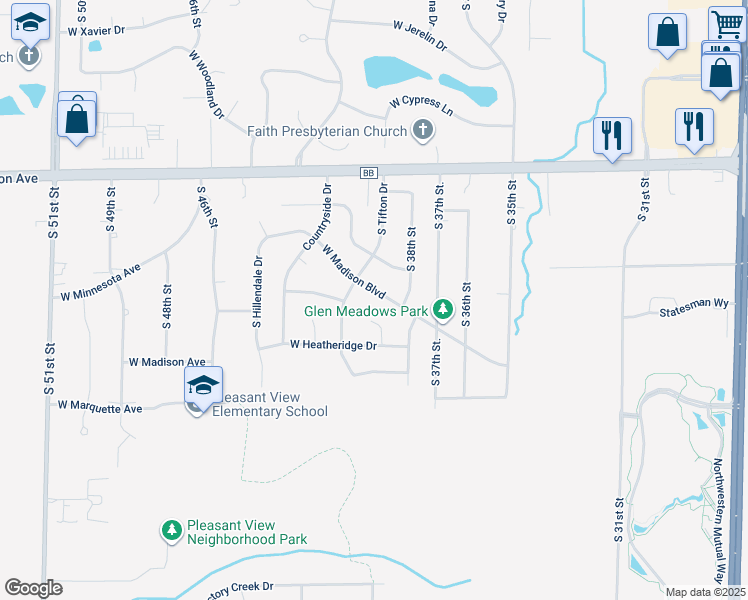 map of restaurants, bars, coffee shops, grocery stores, and more near 3909 West Madison Boulevard in Franklin