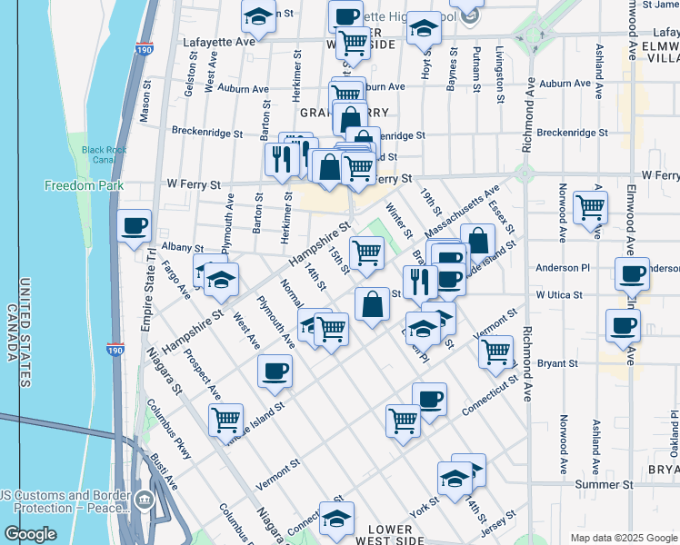 map of restaurants, bars, coffee shops, grocery stores, and more near 302 15th Street in Buffalo