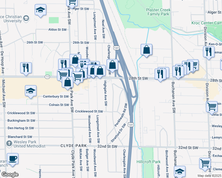 map of restaurants, bars, coffee shops, grocery stores, and more near 2819 Charlesgate Avenue Southwest in Wyoming