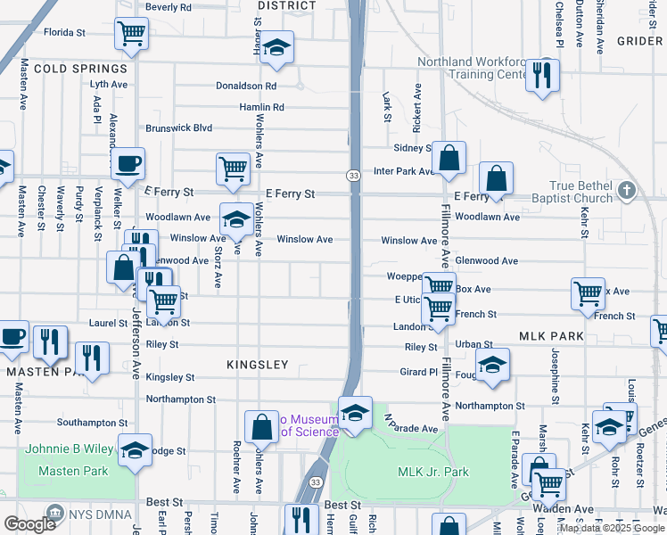 map of restaurants, bars, coffee shops, grocery stores, and more near 557 Glenwood Avenue in Buffalo