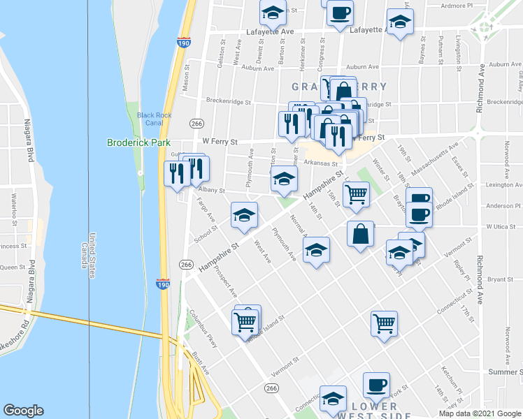 map of restaurants, bars, coffee shops, grocery stores, and more near 575 Plymouth Avenue in Buffalo